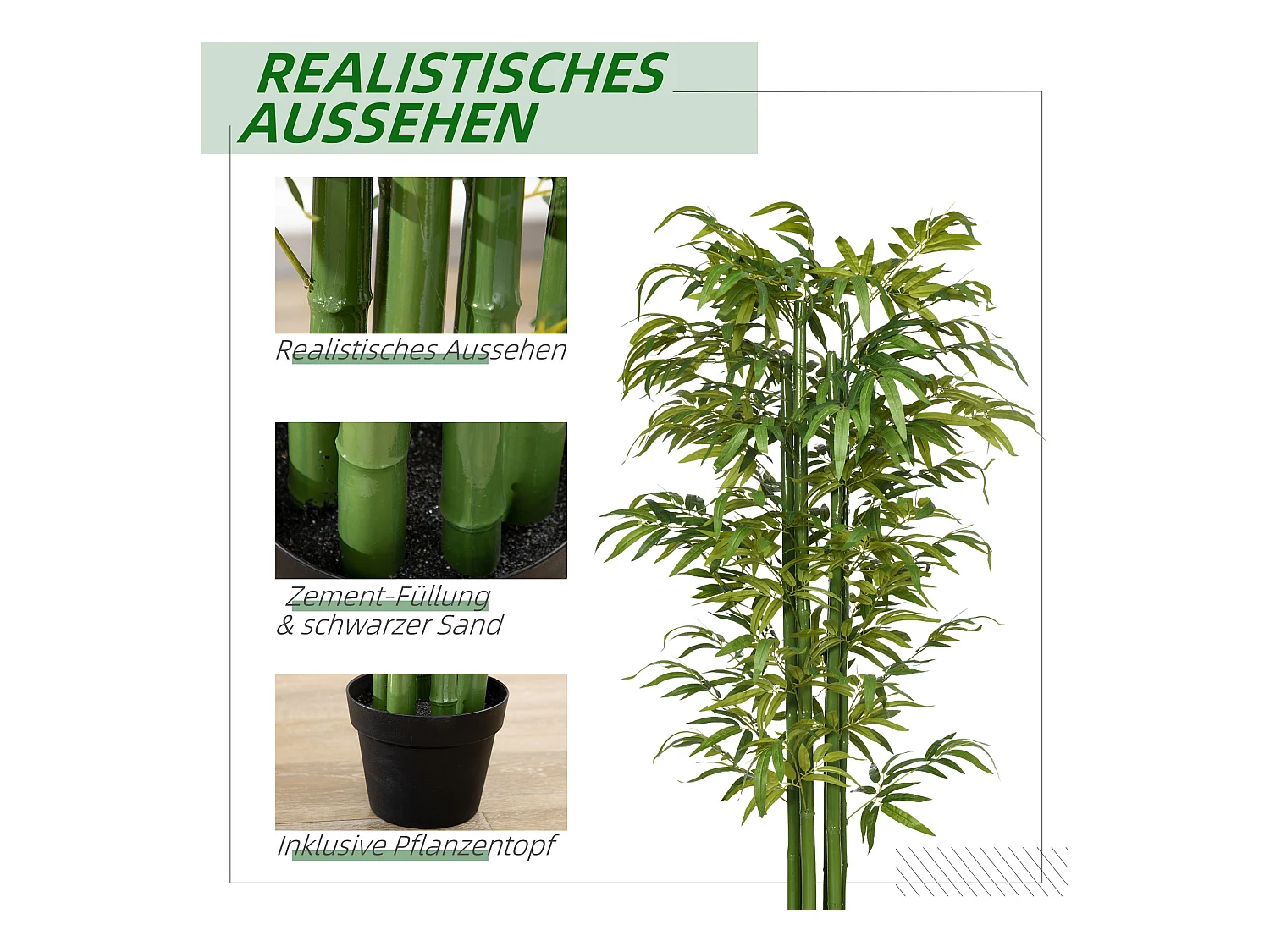 Kunstbamboe plant 180 cm, met decoratieve cementpot, voor binnen, groen (17x17x180 cm)