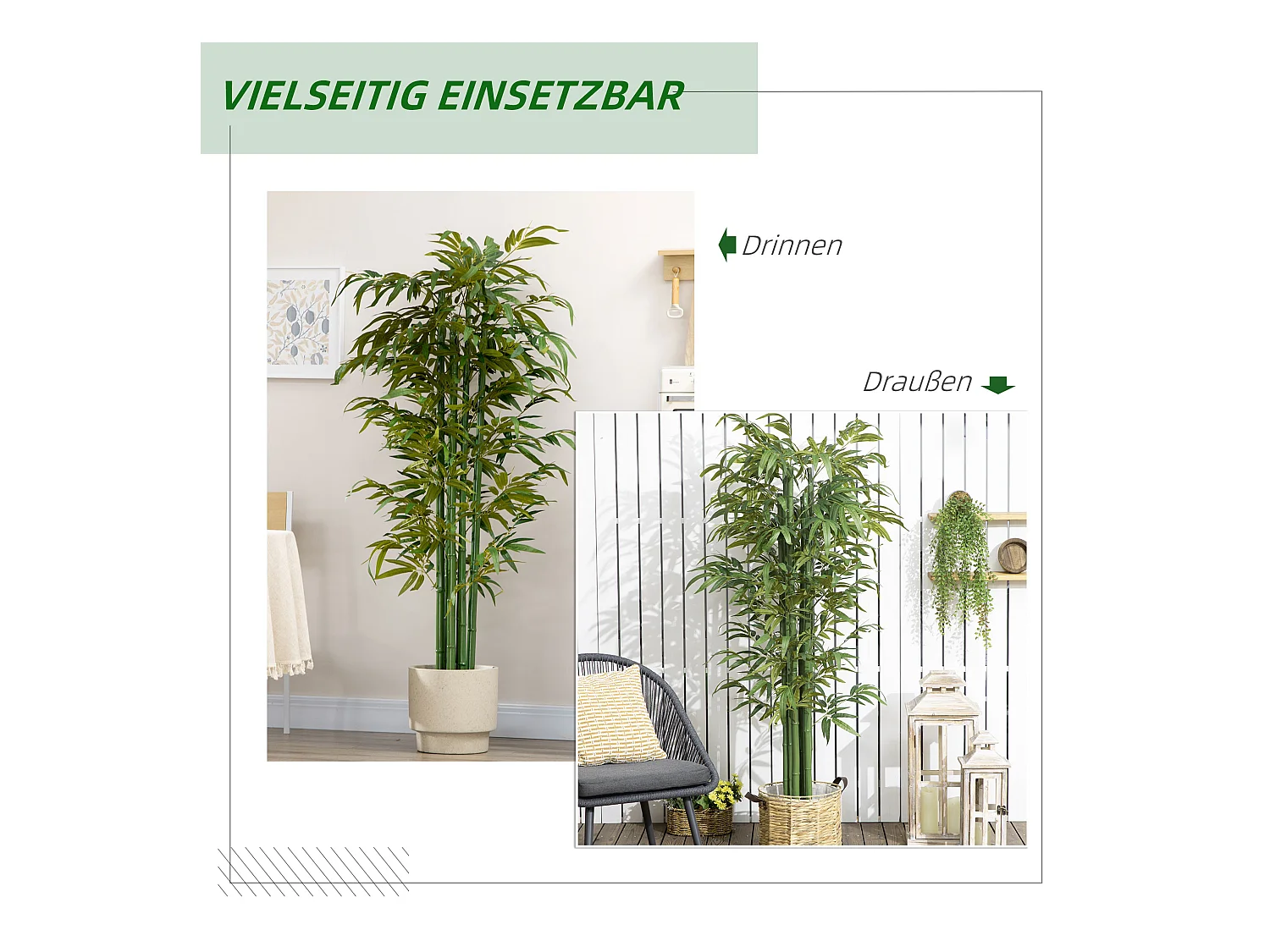 Kunstbamboe plant 180 cm, met decoratieve cementpot, voor binnen, groen (17x17x180 cm)