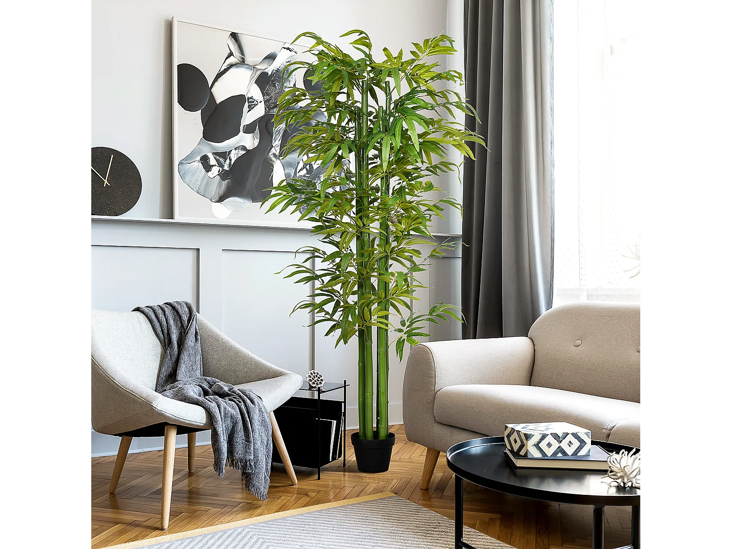 Plante artificielle Bambou 180 cm, avec pot décoratif en ciment, pour intérieur, verte (17x17x180 cm)