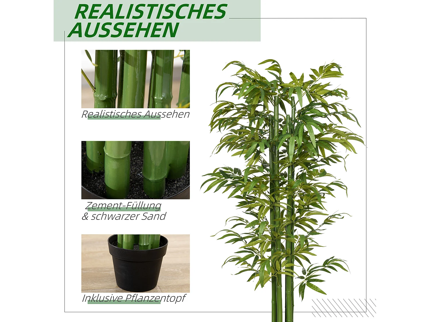 Plante artificielle Bambou 180 cm, avec pot décoratif en ciment, pour intérieur, verte (17x17x180 cm)