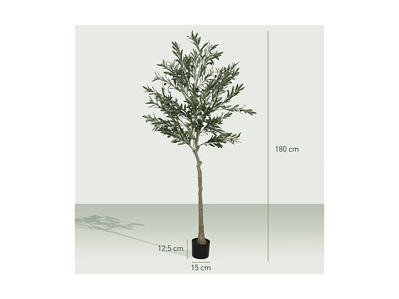 Arbre à olives artificiel, en plastique, avec pot en ciment, vert (15x15x180 cm)