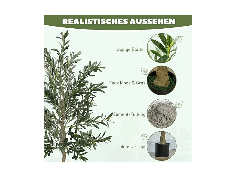 Arbre à olives artificiel, en plastique, avec pot en ciment, vert (15x15x180 cm)