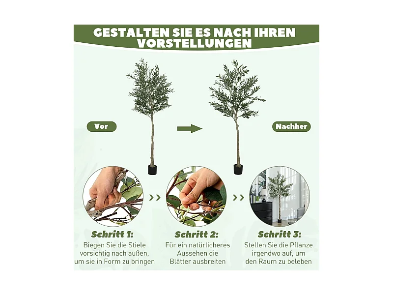 Arbre à olives artificiel, en plastique, avec pot en ciment, vert (15x15x180 cm)