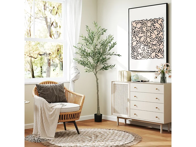 Arbre à olives artificiel, en plastique, avec pot en ciment, vert (15x15x180 cm)