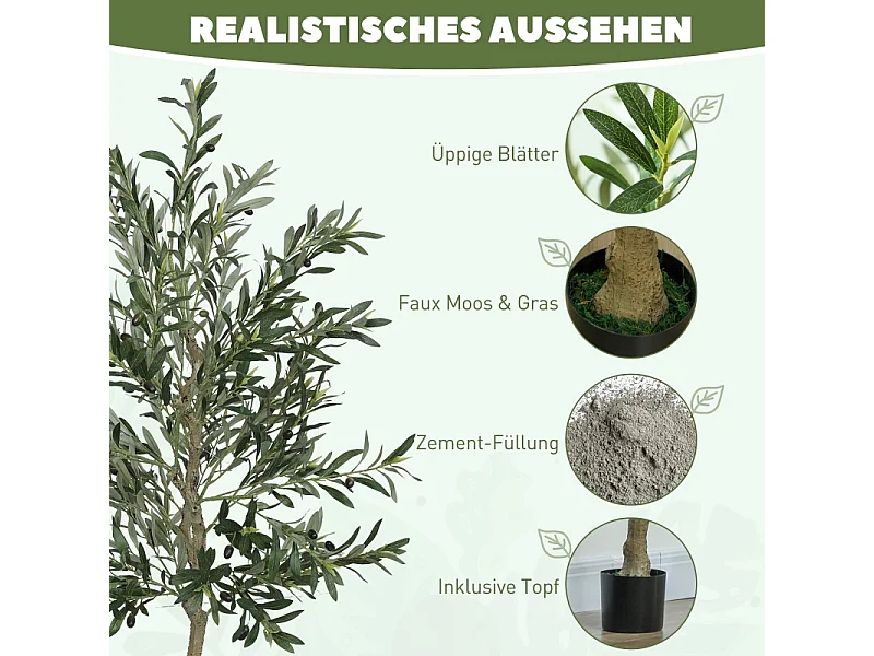 Arbre à olives artificiel, en plastique, avec pot en ciment, vert (15x15x180 cm)