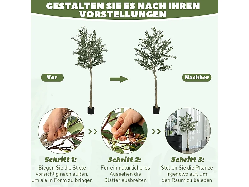 Arbre à olives artificiel, en plastique, avec pot en ciment, vert (15x15x180 cm)