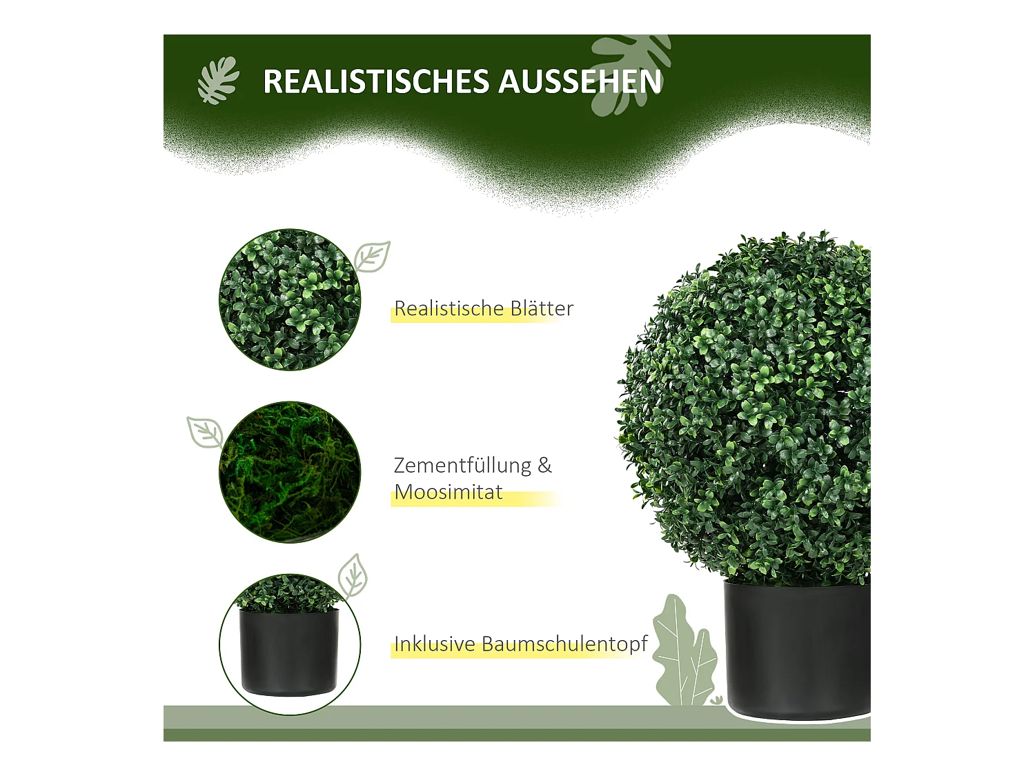 Plantes artificielles 2 pièces, buis en pot, UV résistant, vert (40x40x52 cm)