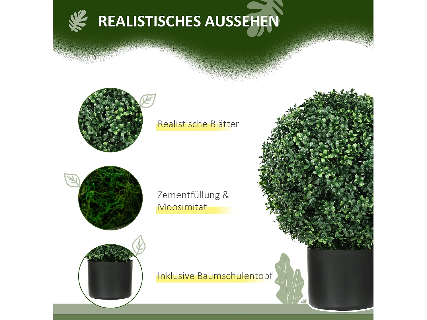 Plantes artificielles 2 pièces, buis en pot, UV résistant, vert (40x40x52 cm)