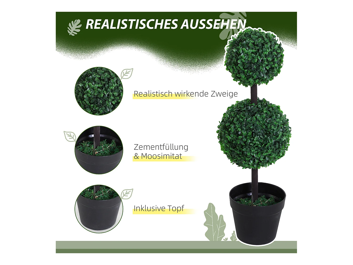 Plante artificielle 2er Set, 67 cm, avec 2 boules, plastique, vert (23x23x67 cm)