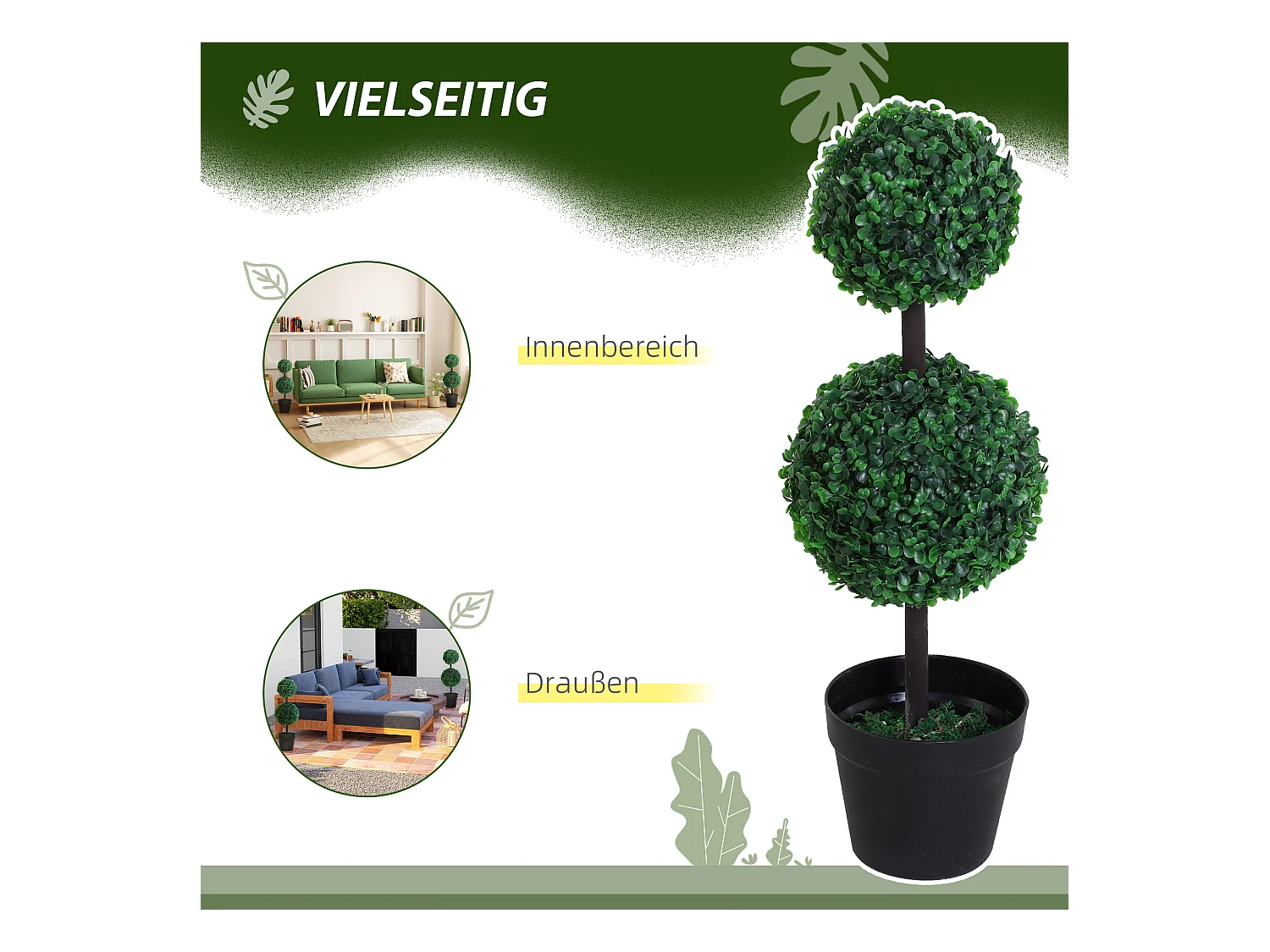 Plante artificielle 2er Set, 67 cm, avec 2 boules, plastique, vert (23x23x67 cm)