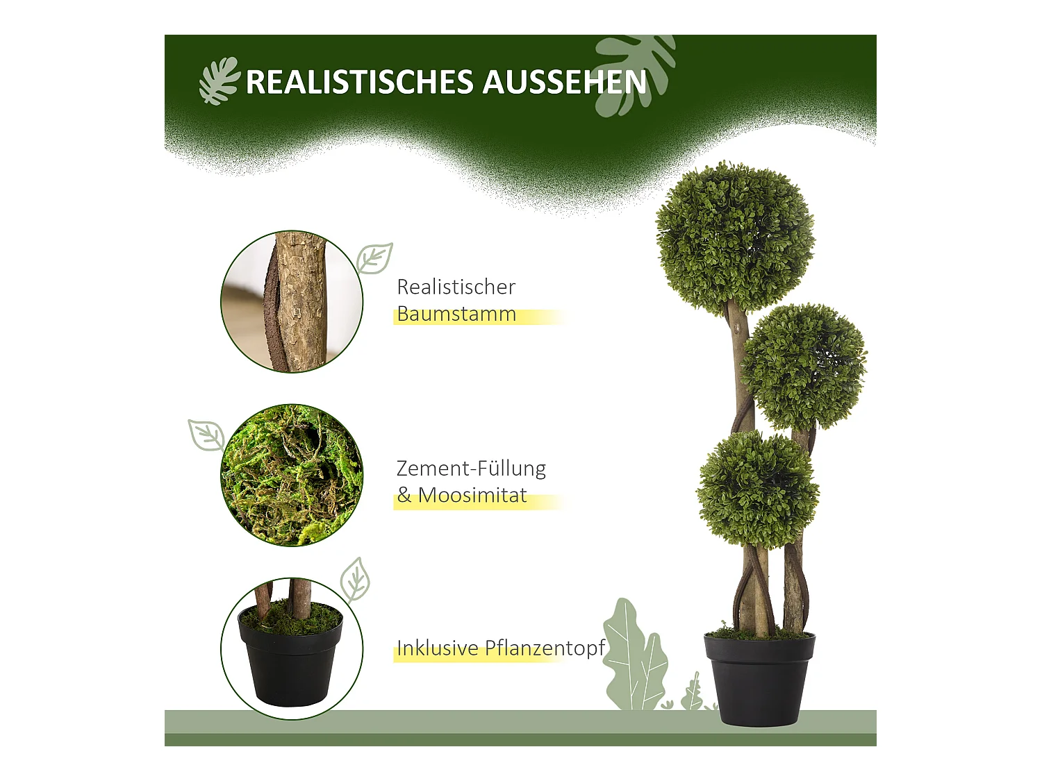 Plante artificielle Buissons en pot avec protection UV, 90 cm, verte (17x17x90 cm)