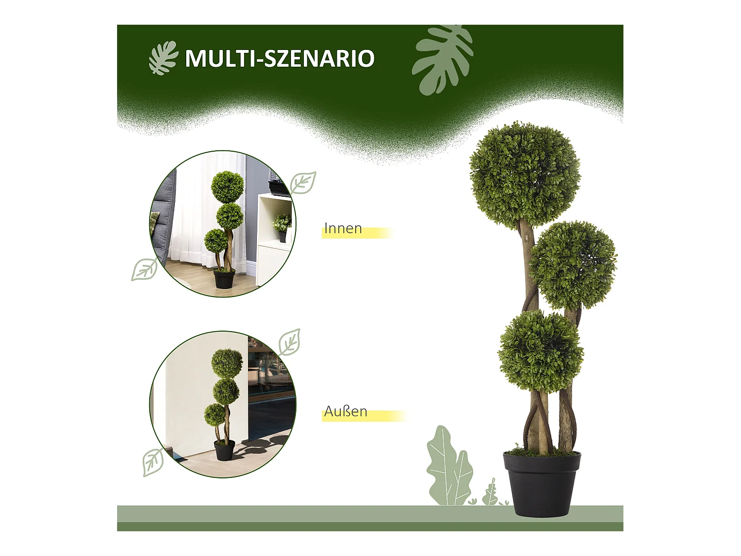 Plante artificielle Buissons en pot avec protection UV, 90 cm, verte (17x17x90 cm)