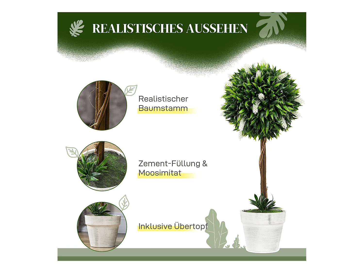 Set de 2 lavandes artificielles grandes, plastique durable, blanc (14.5x14.5x60cm)