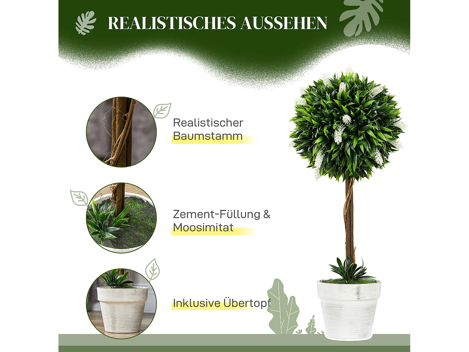 Set de 2 lavandes artificielles grandes, plastique durable, blanc (14.5x14.5x60cm)