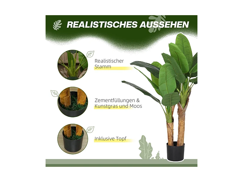 Arbre à banane artificiel 2 pièces, avec pot et mousse artificielle, plastique, vert (17x17x120 cm)