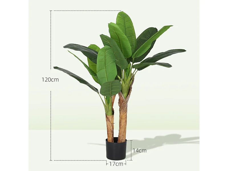 Arbre à banane artificiel 2 pièces, avec pot et mousse artificielle, plastique, vert (17x17x120 cm)