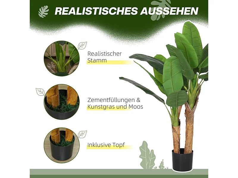 Arbre à banane artificiel 2 pièces, avec pot et mousse artificielle, plastique, vert (17x17x120 cm)