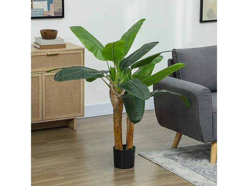 Arbre à banane artificiel 2 pièces, avec pot et mousse artificielle, plastique, vert (17x17x120 cm)