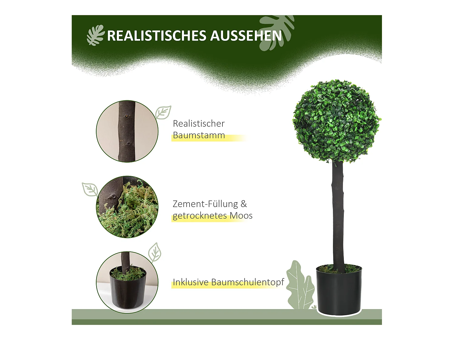 Set de 2 buis artificiels UV résistants, plante décorative avec pot, PEVA, vert (20x20x60 cm)