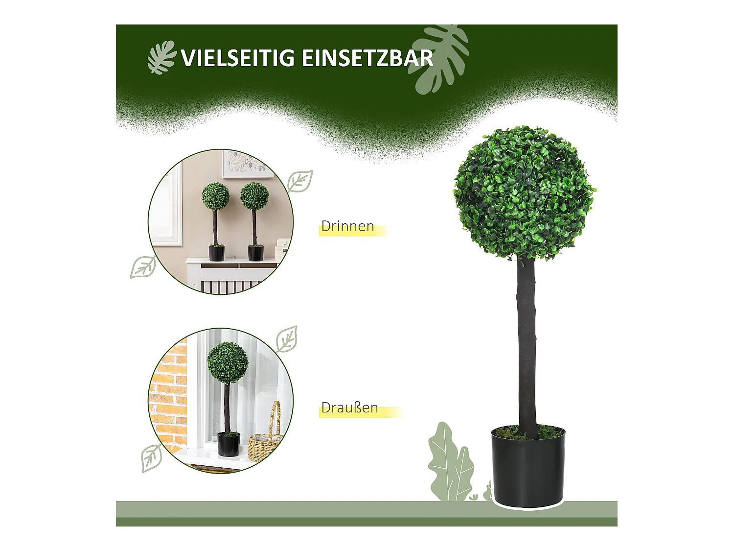 Set de 2 buis artificiels UV résistants, plante décorative avec pot, PEVA, vert (20x20x60 cm)