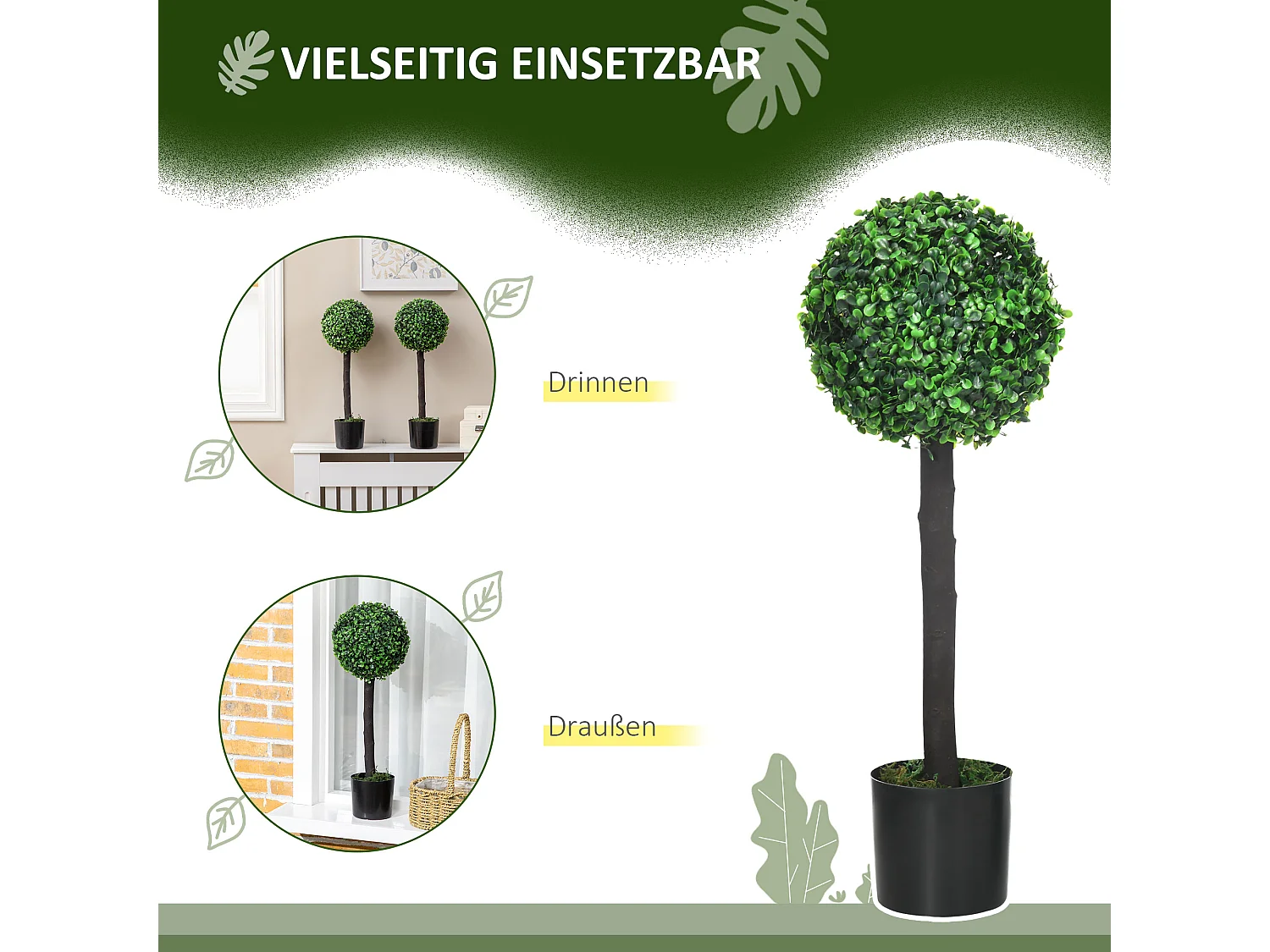 Set de 2 buis artificiels UV résistants, plante décorative avec pot, PEVA, vert (20x20x60 cm)