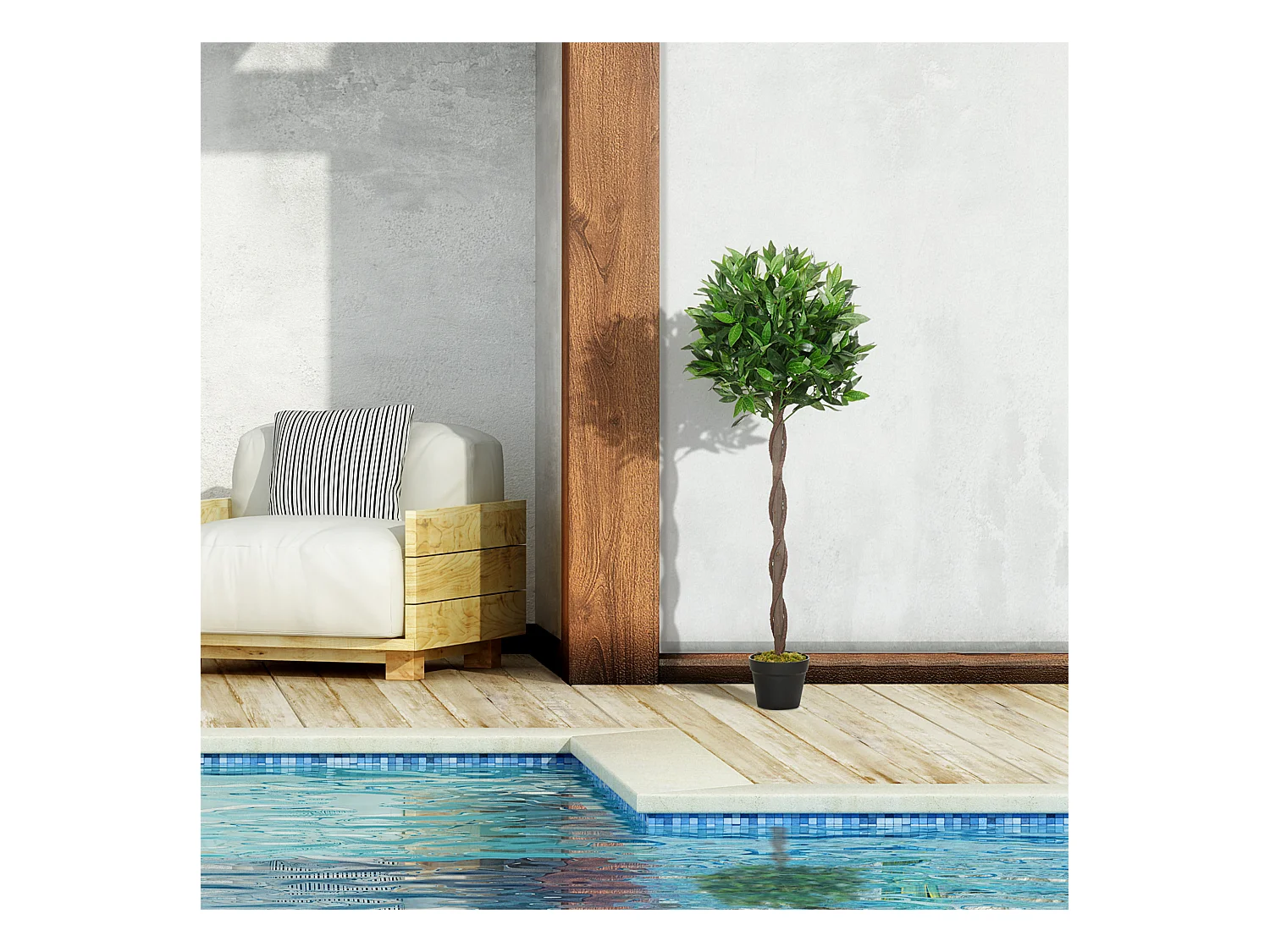 2 pièces Laurier artificiel, plastique, vert, avec pot en ciment (16x16x120 cm)