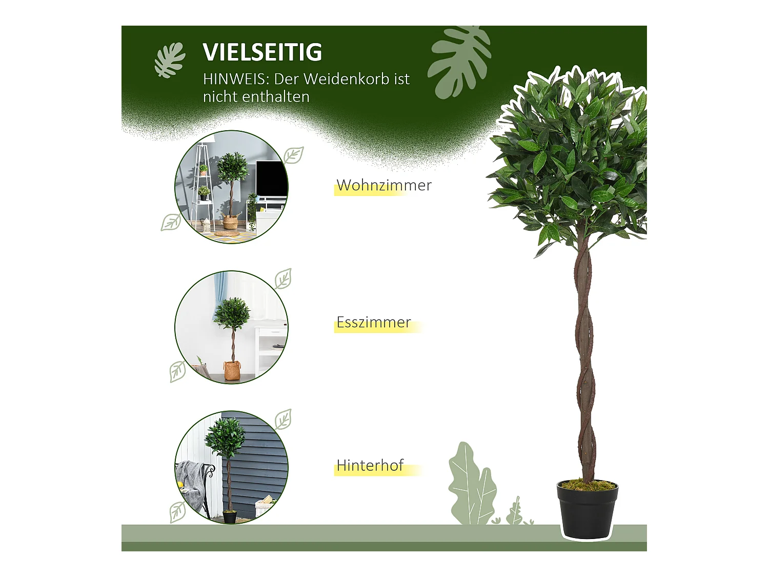 2 pièces Laurier artificiel, plastique, vert, avec pot en ciment (16x16x120 cm)