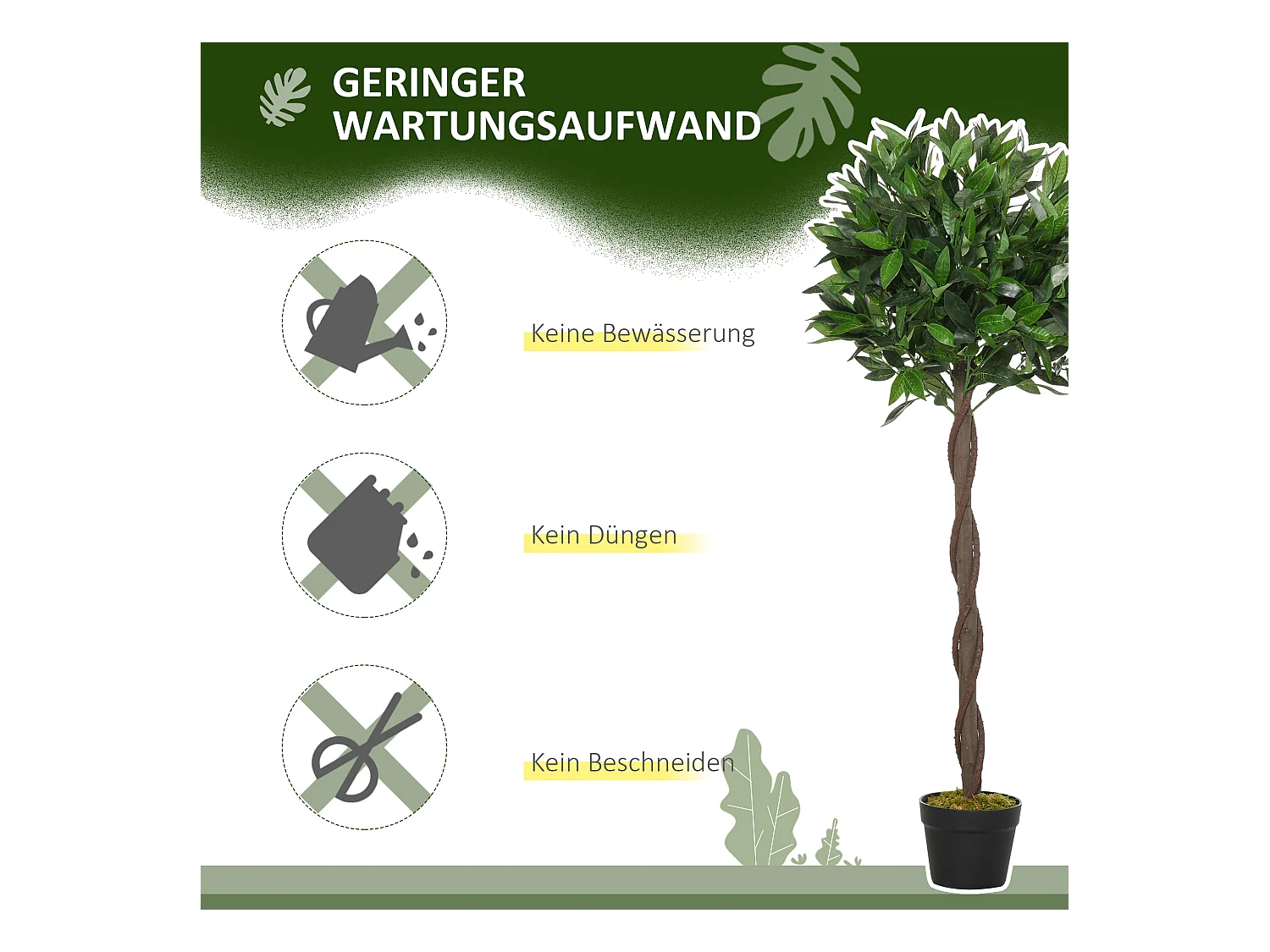 2 pièces Laurier artificiel, plastique, vert, avec pot en ciment (16x16x120 cm)