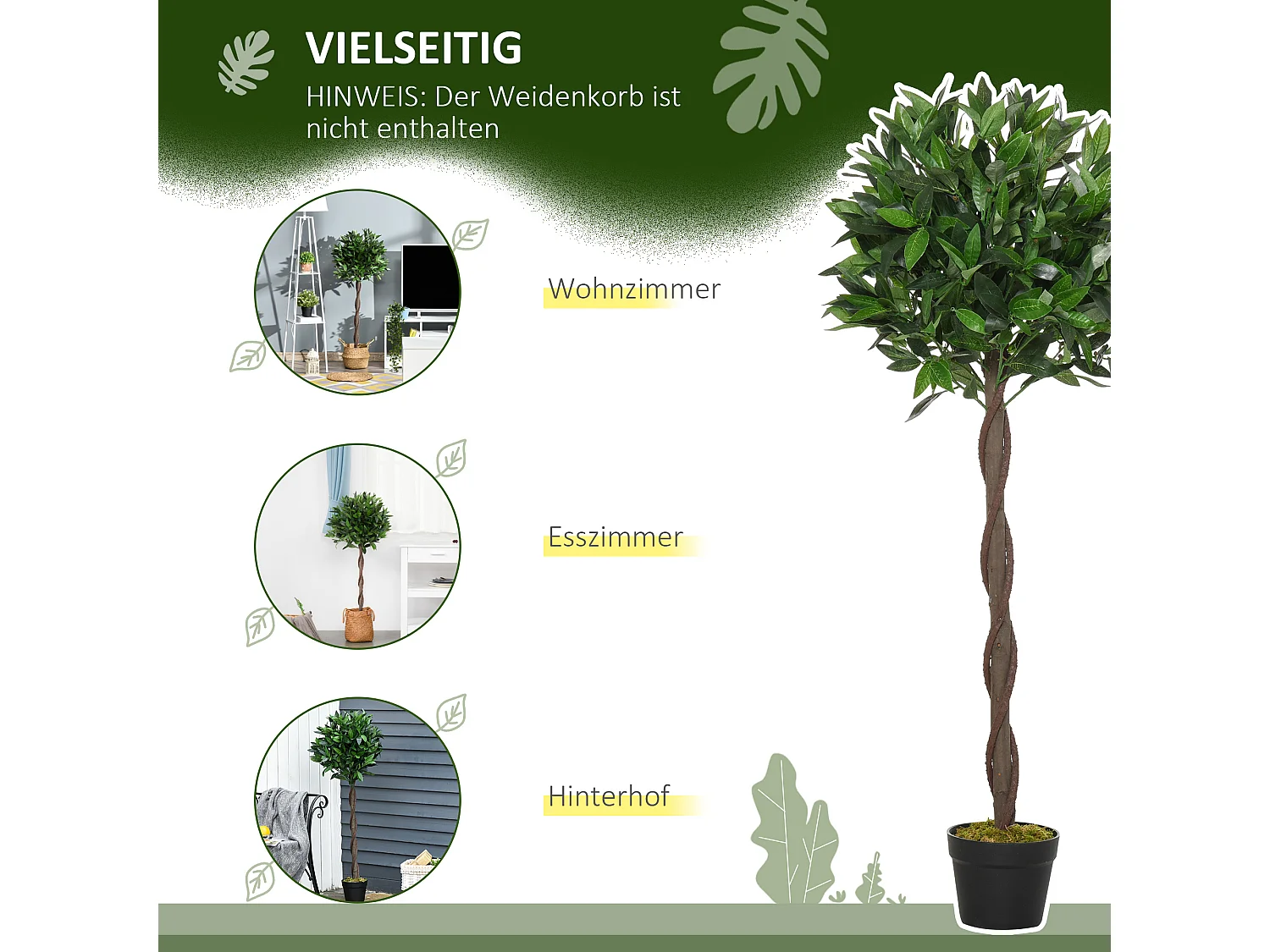 pezzi Albero di alloro artificiale, plastica, verde, con vaso in cemento (16x16x120 cm)