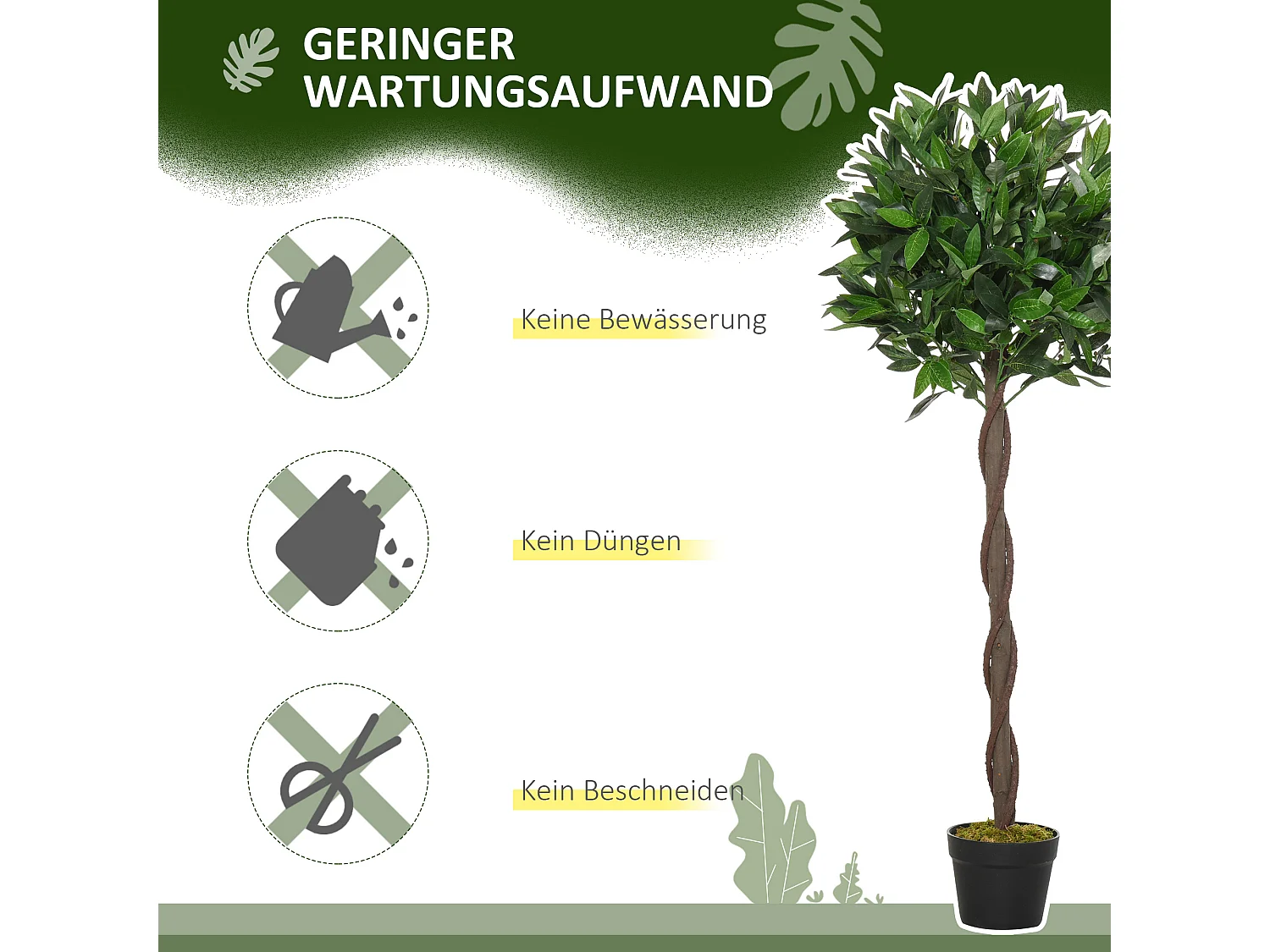 pezzi Albero di alloro artificiale, plastica, verde, con vaso in cemento (16x16x120 cm)