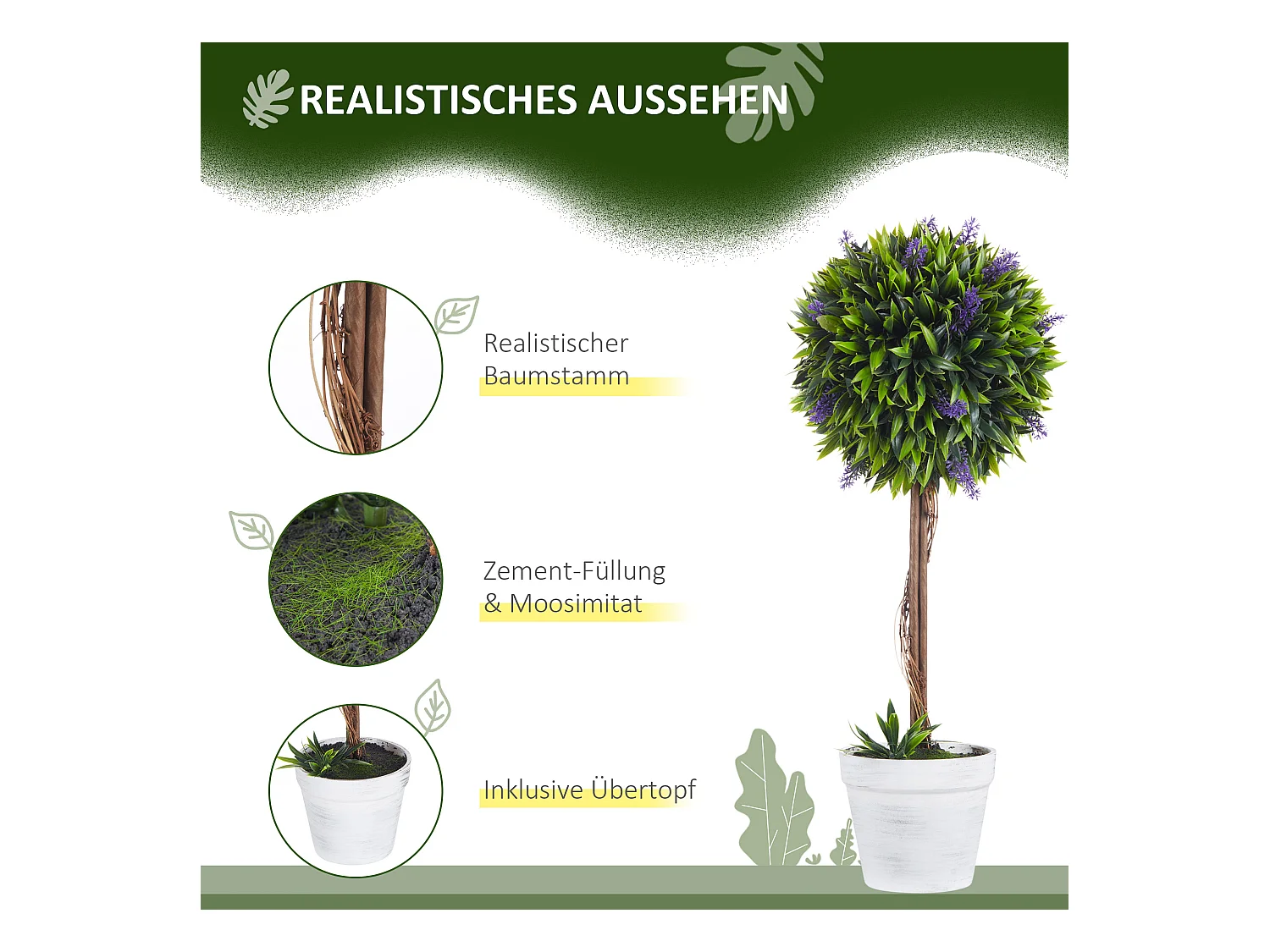 Kunstlavendelplanten, 2 stuks, met pot en kunstmos, 60 cm, groen (24x24x60 cm)