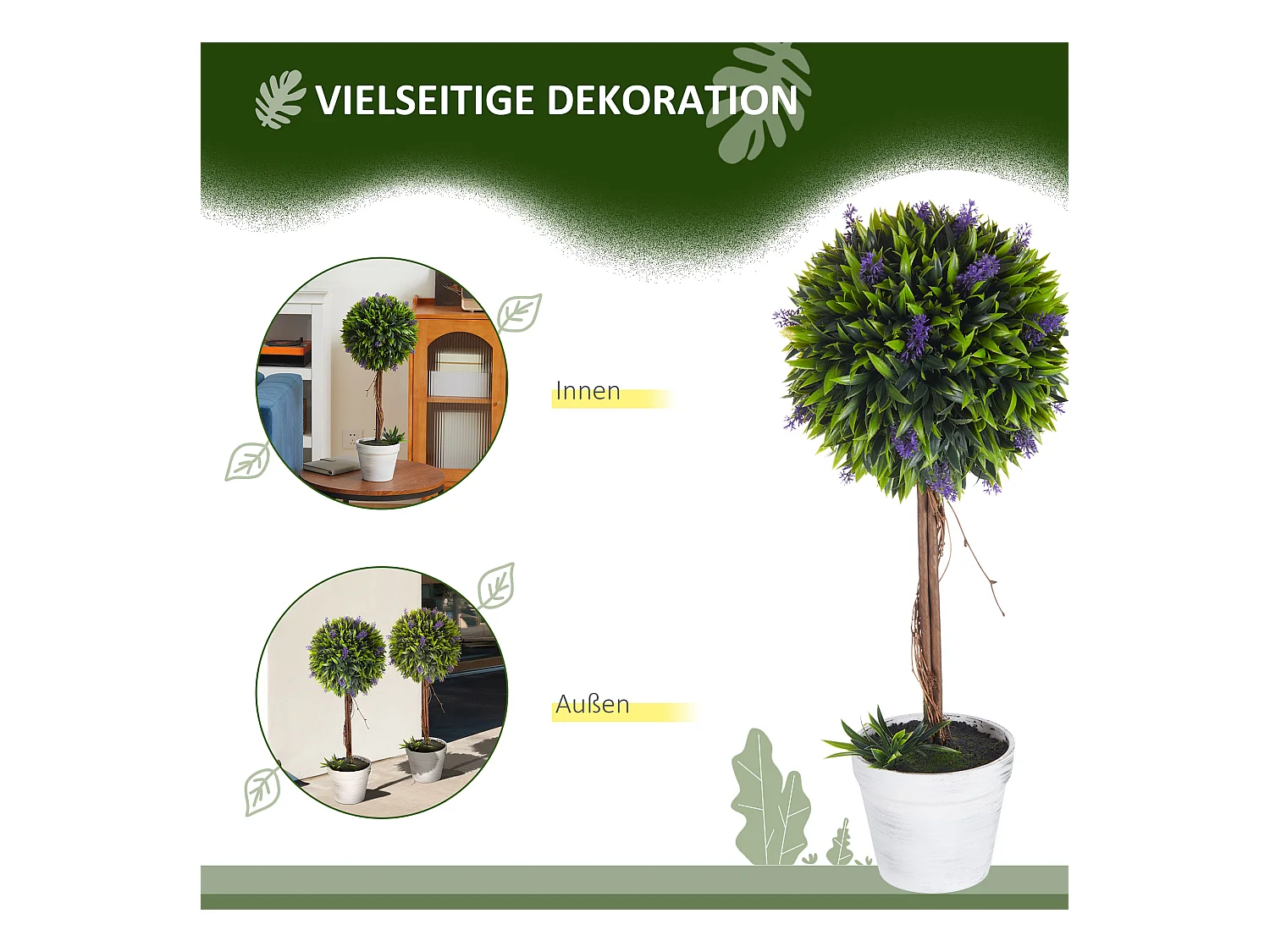 Kunstlavendelplanten, 2 stuks, met pot en kunstmos, 60 cm, groen (24x24x60 cm)