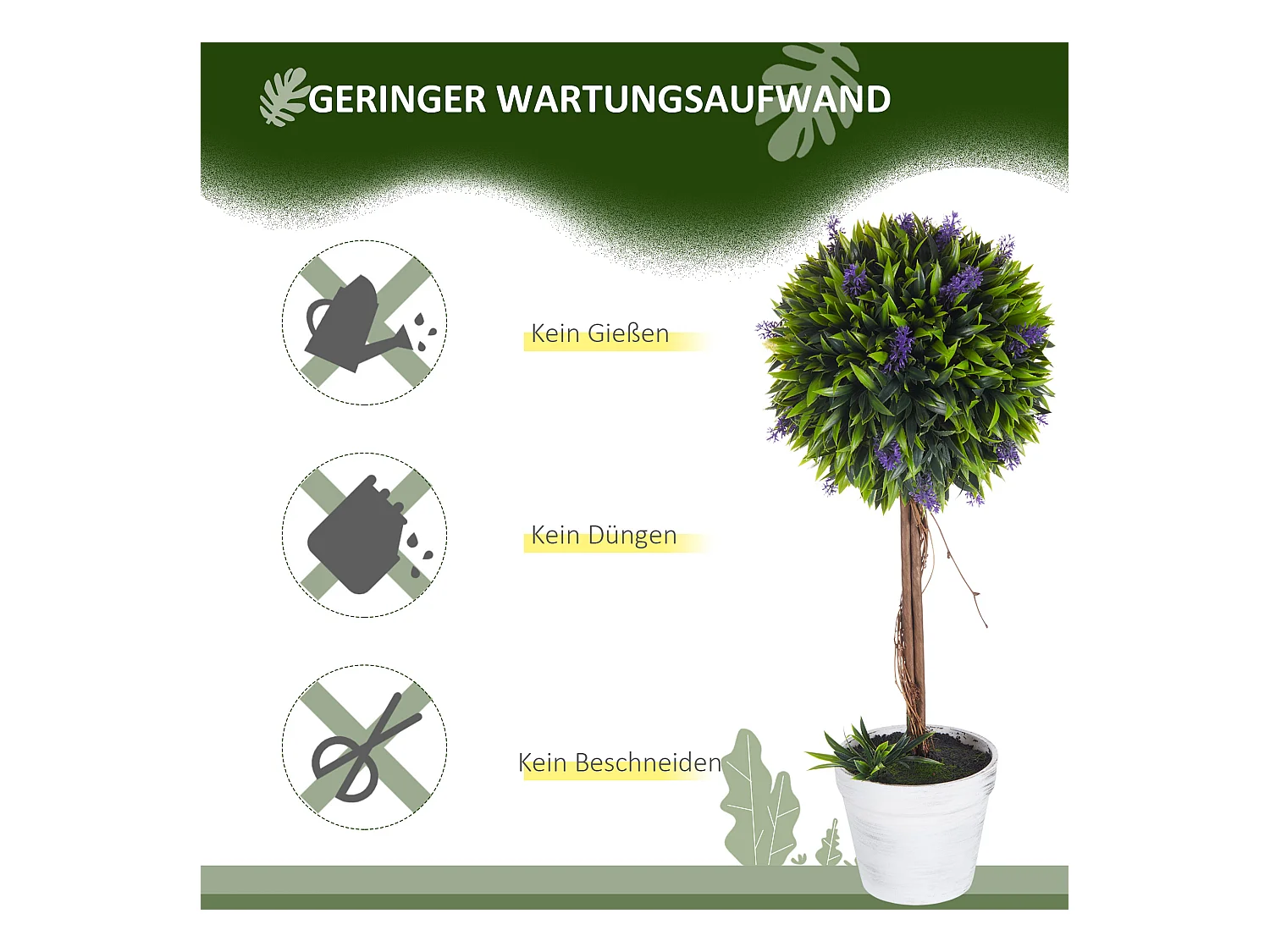 Kunstlavendelplanten, 2 stuks, met pot en kunstmos, 60 cm, groen (24x24x60 cm)