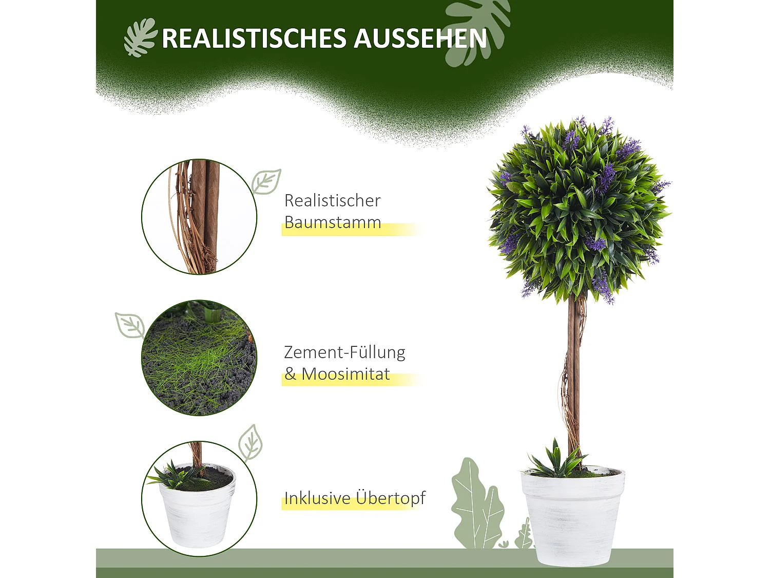 Plantes artificielles Lavendel, 2 pièces, avec pot et mousse artificielle, 60 cm, vert (24x24x60 cm)