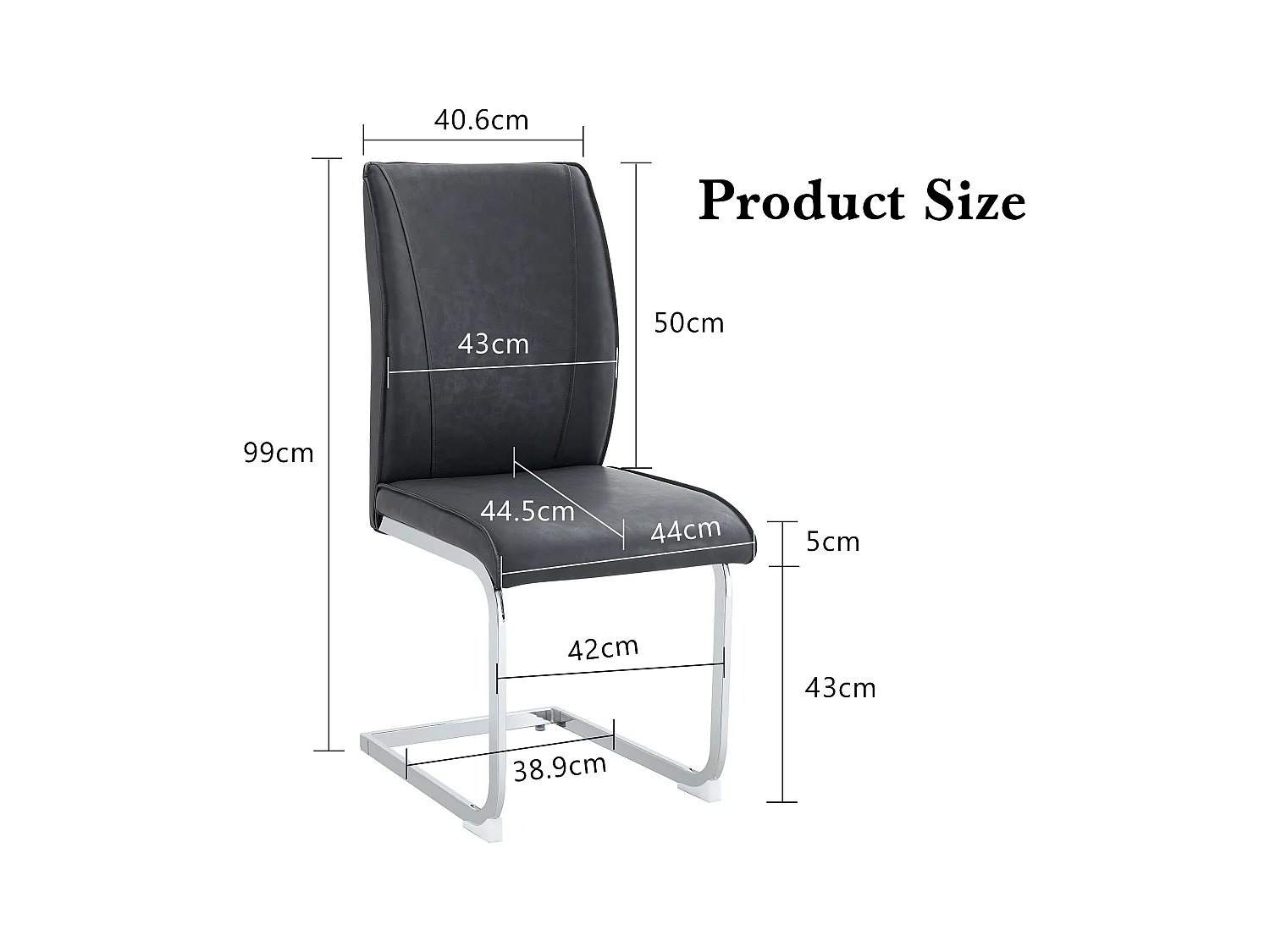 Chaise élégante en PU gris avec texture effet cuir, design européen, pieds métalliques argentés (44x44.5x99 cm)