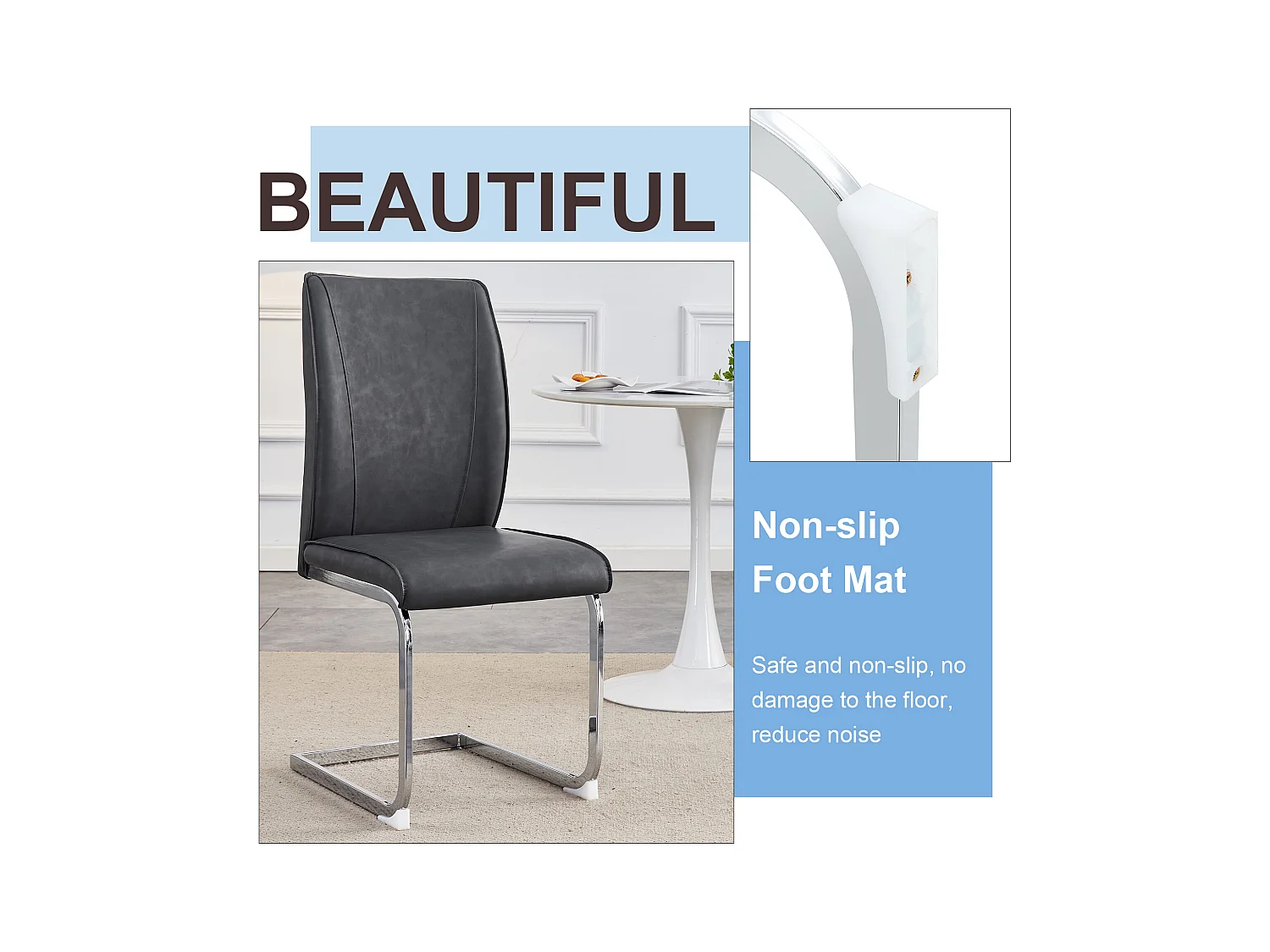 Chaise élégante en PU gris avec texture effet cuir, design européen, pieds métalliques argentés (44x44.5x99 cm)