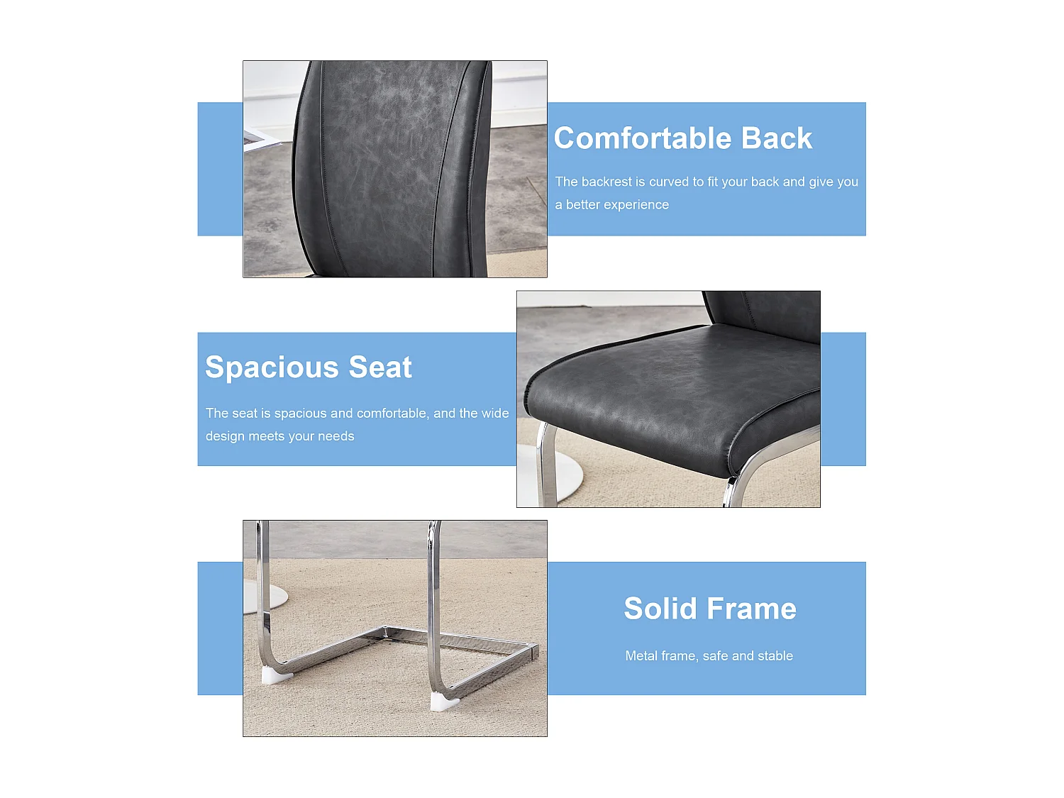 Chaise élégante en PU gris avec texture effet cuir, design européen, pieds métalliques argentés (44x44.5x99 cm)