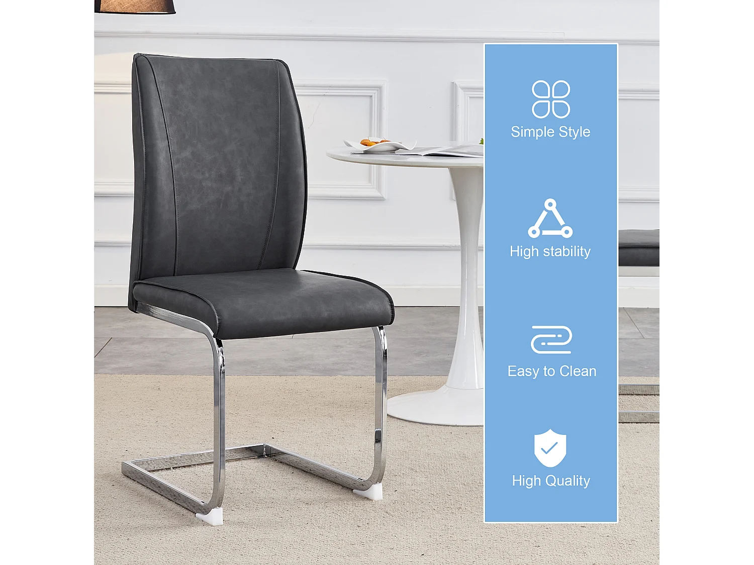 Chaise élégante en PU gris avec texture effet cuir, design européen, pieds métalliques argentés (44x44.5x99 cm)
