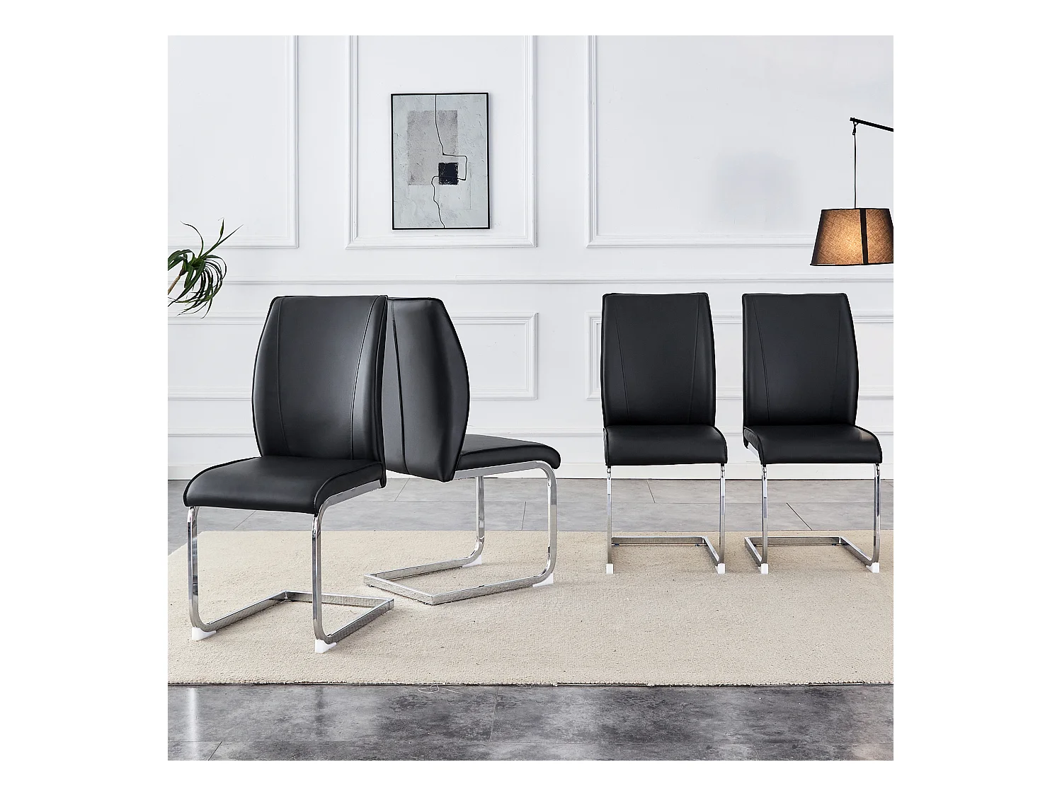 Chaise élégante en PU noir, design moderne, pieds métalliques argentés (44x44.5x99 cm)