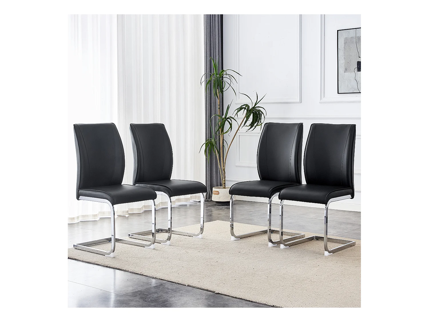 Chaise élégante en PU noir, design moderne, pieds métalliques argentés (44x44.5x99 cm)