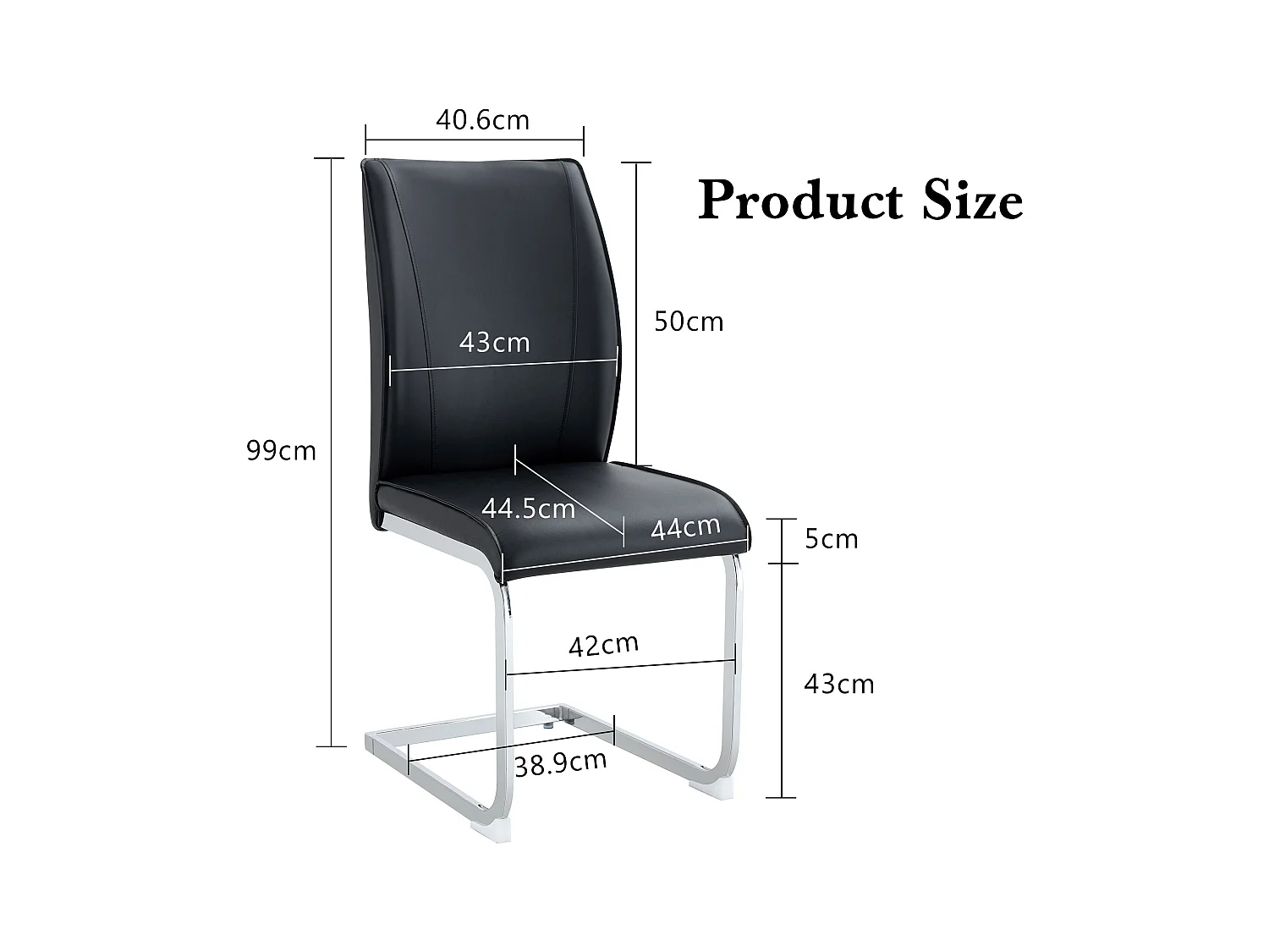 Chaise élégante en PU noir, design moderne, pieds métalliques argentés (44x44.5x99 cm)