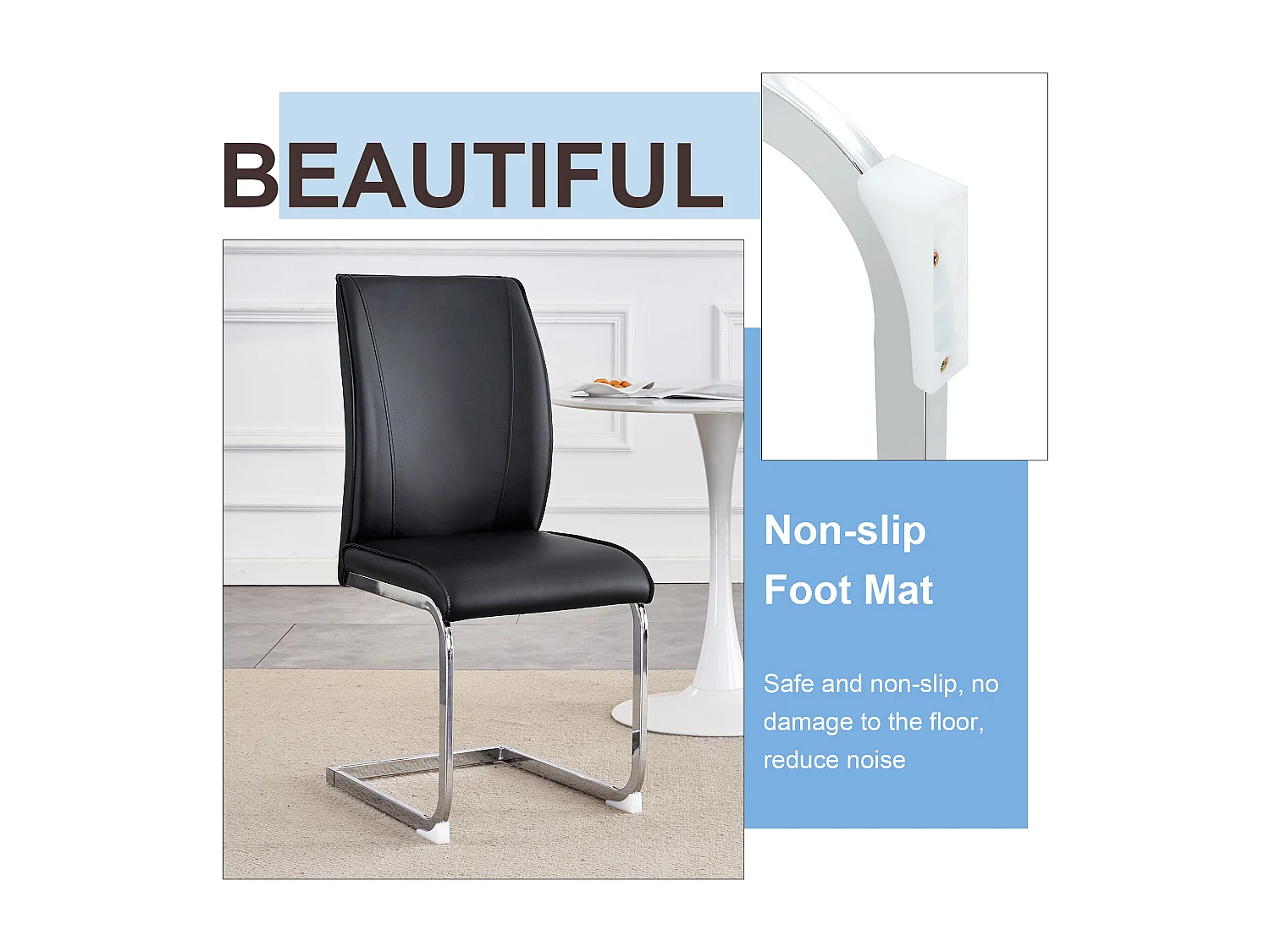 Chaise élégante en PU noir, design moderne, pieds métalliques argentés (44x44.5x99 cm)