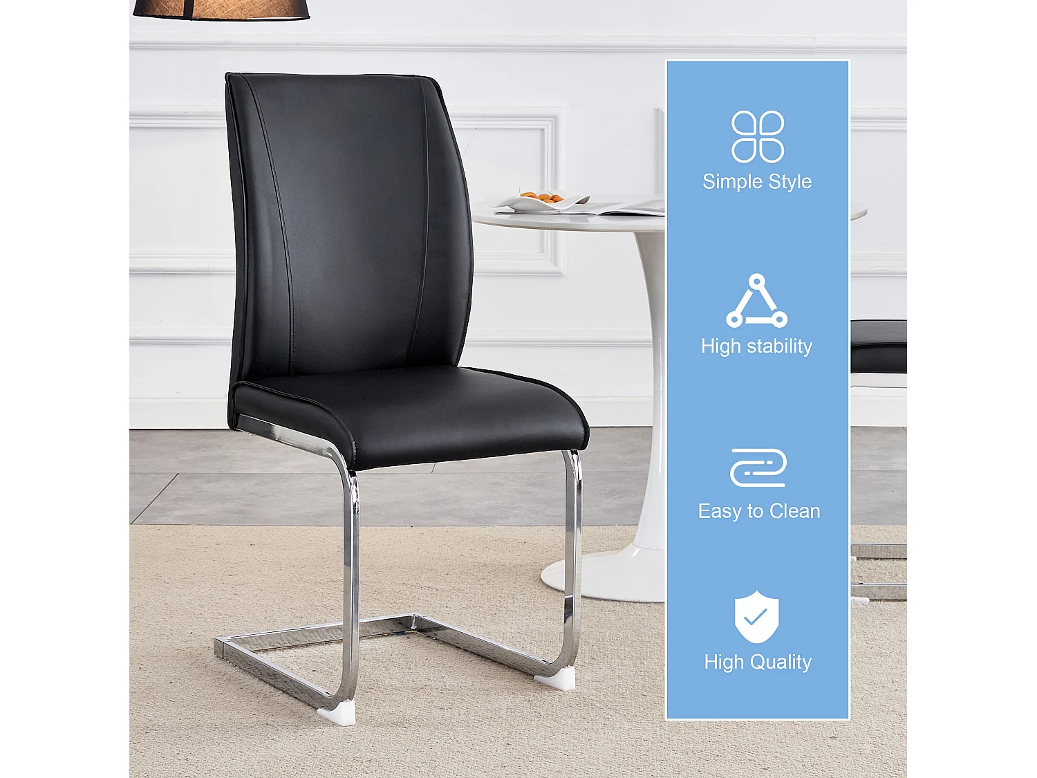 Elegante sedia in PU nero, design moderno, gambe in metallo argentato (44x44,5x99 cm)