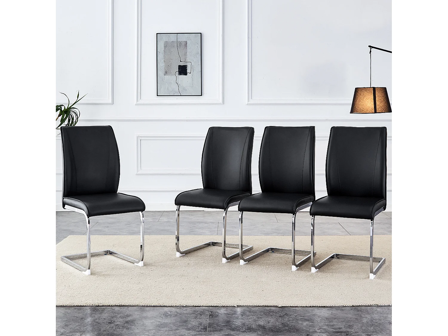 Chaise élégante en PU noir, design moderne, pieds métalliques argentés (44x44.5x99 cm)