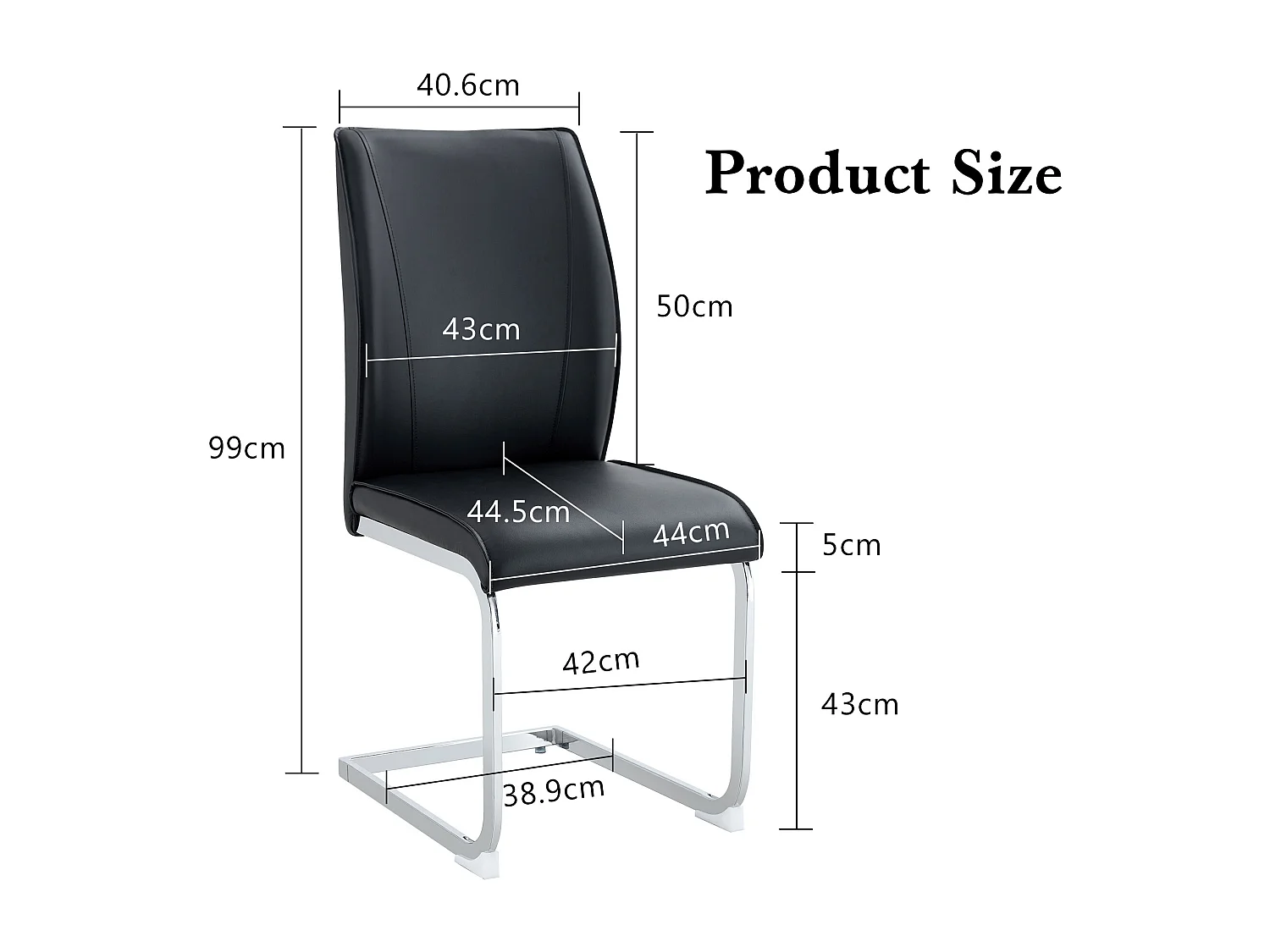 Chaise élégante en PU noir, design moderne, pieds métalliques argentés (44x44.5x99 cm)