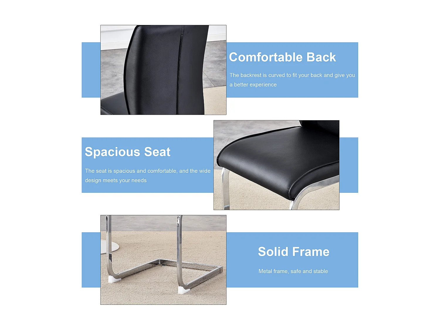 Chaise élégante en PU noir, design moderne, pieds métalliques argentés (44x44.5x99 cm)