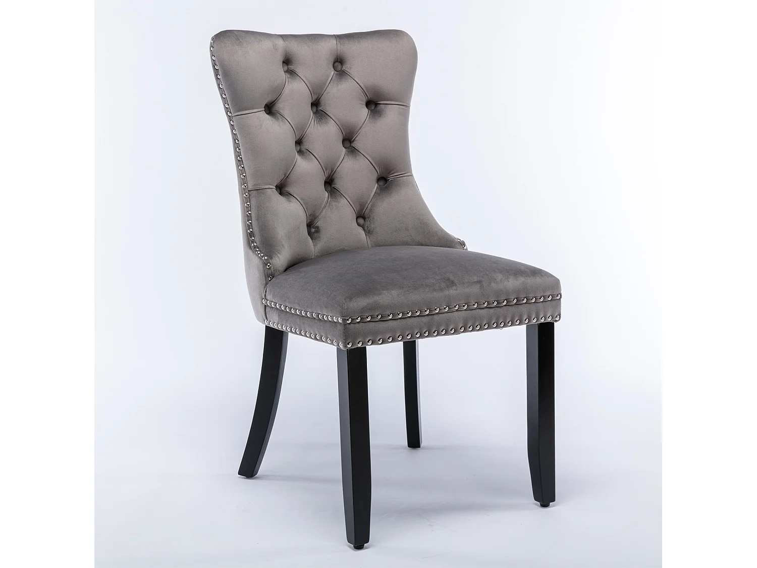 Silla de comedor tapizada, madera maciza, base de madera, remaches decorativos, terciopelo, gris (65x50x95 cm)