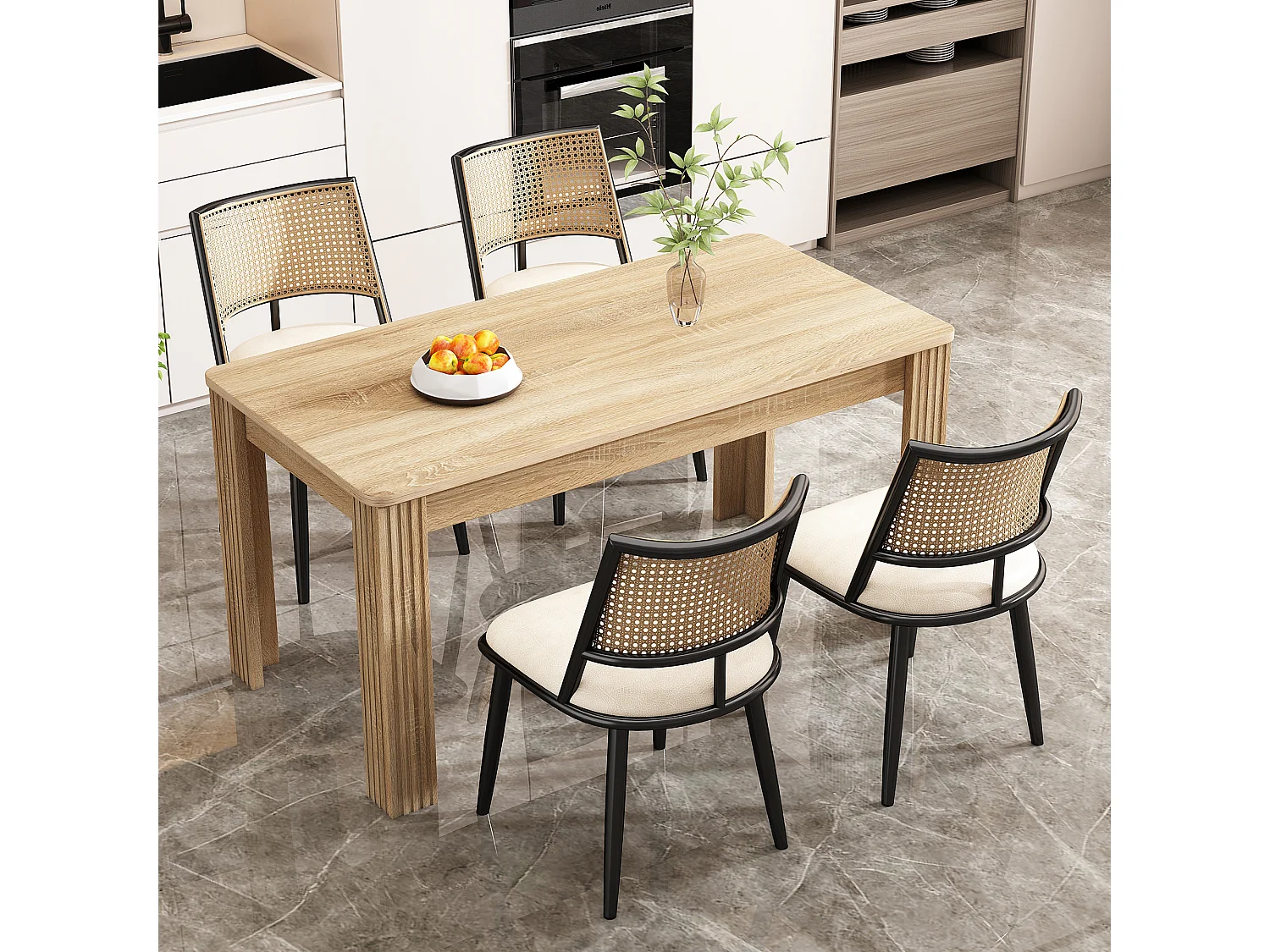 Sedia in rattan con seduta in PU, design moderno, nera (60x59x49 cm)
