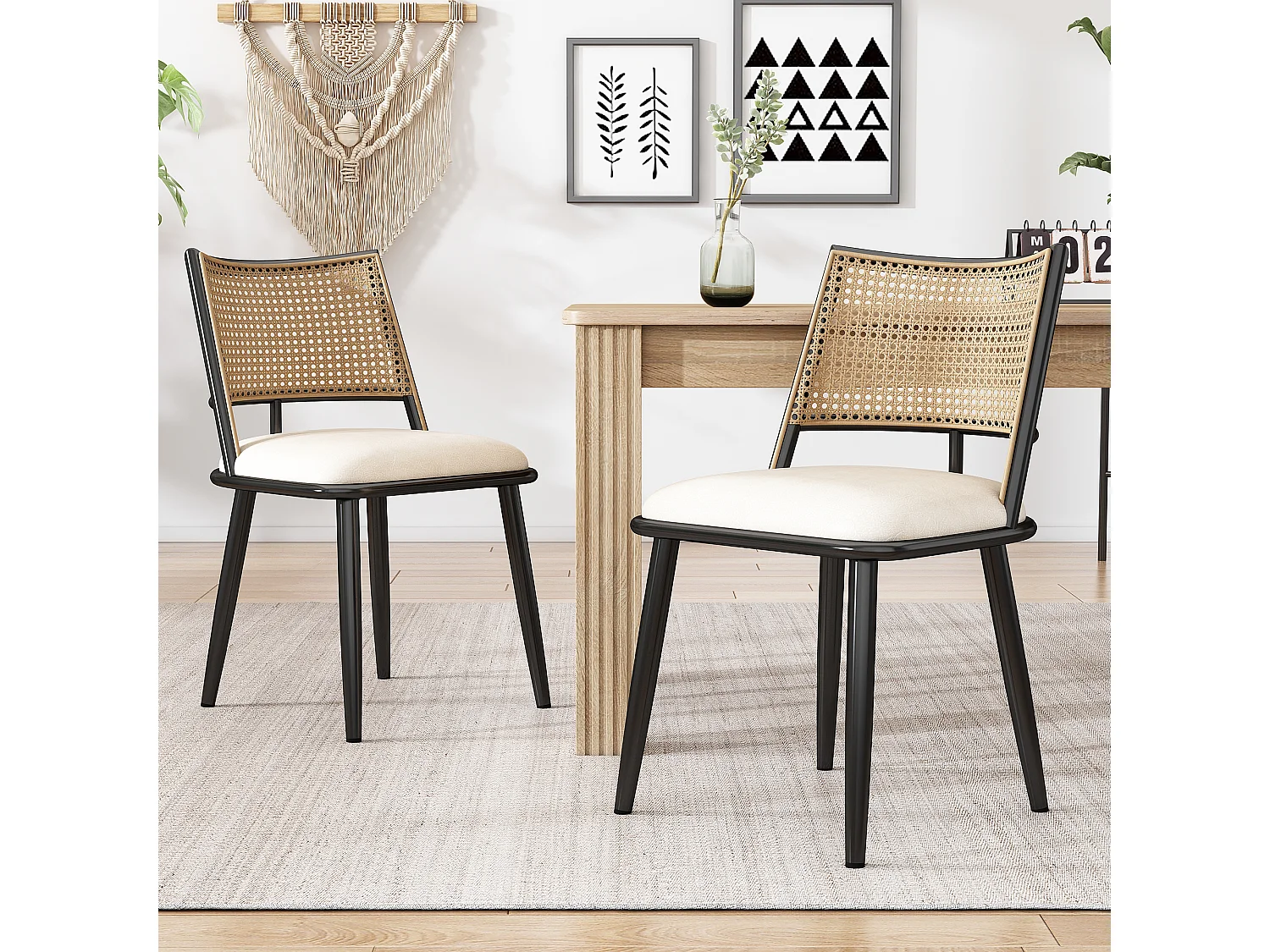 Sedia in rattan con seduta in PU, design moderno, nera (60x59x49 cm)