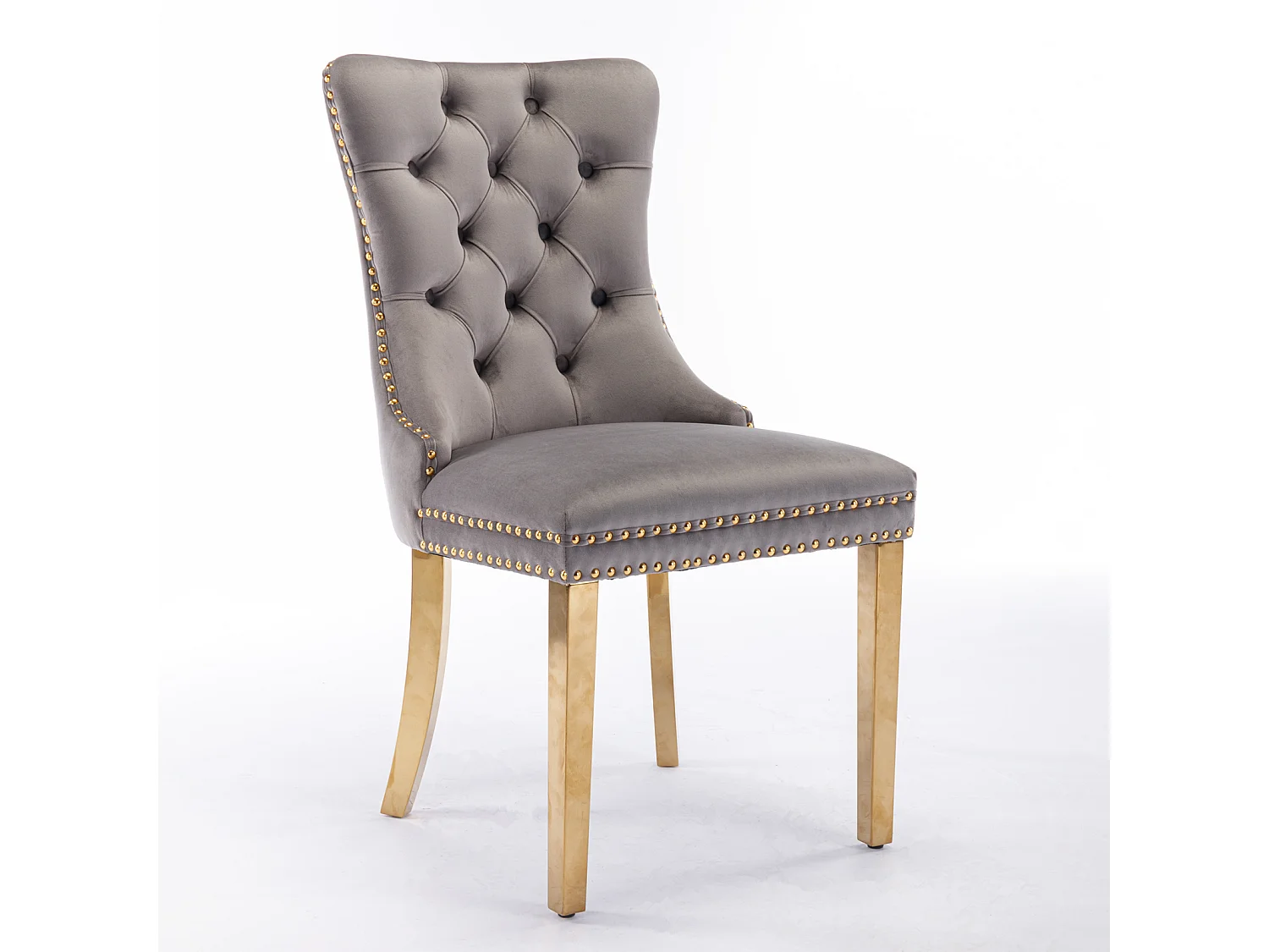 Chaise de salle à manger moderne, velours gris, pieds en bois, clous décoratifs, lot de 2 (65x50x95 cm)